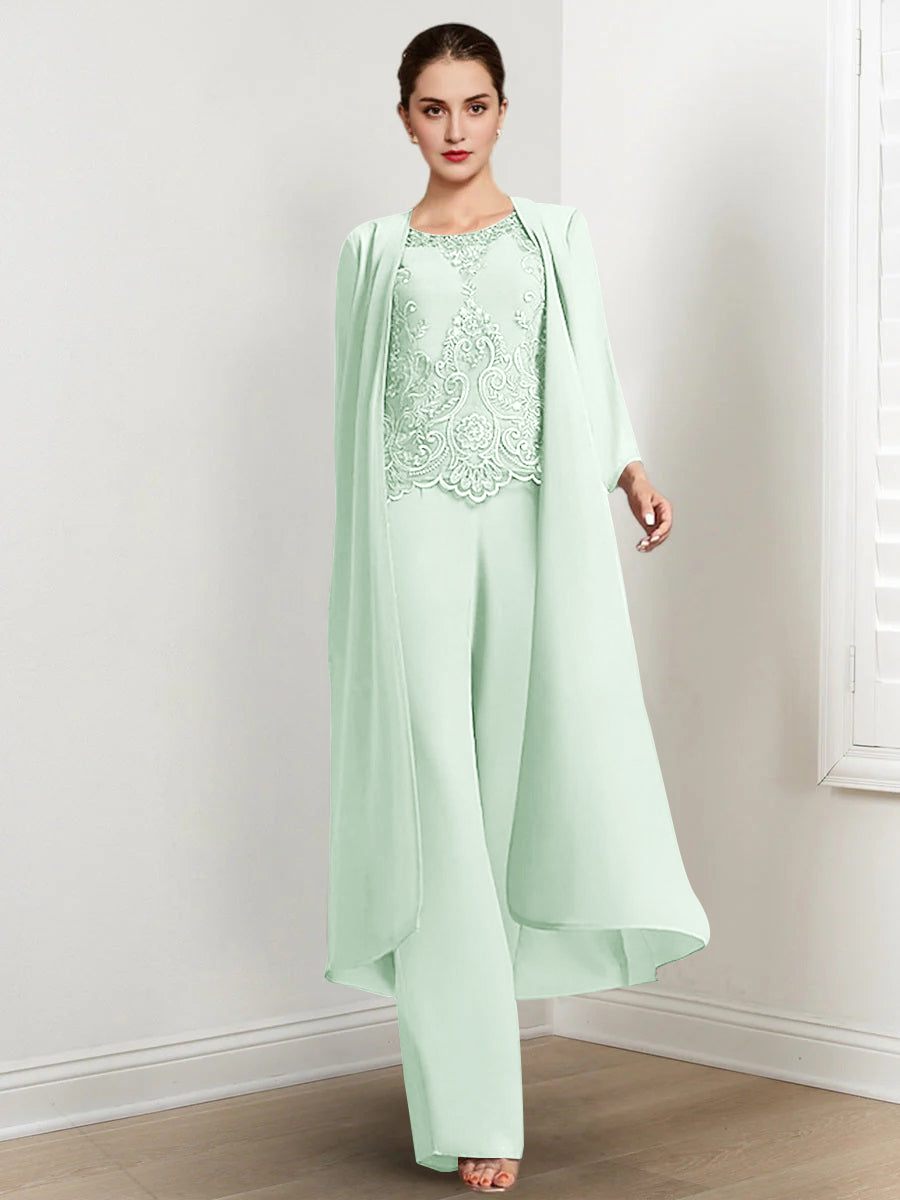 Chiffon Round Neck Floor Length Mother Of The Bride Pantsuits With Jacket Applique