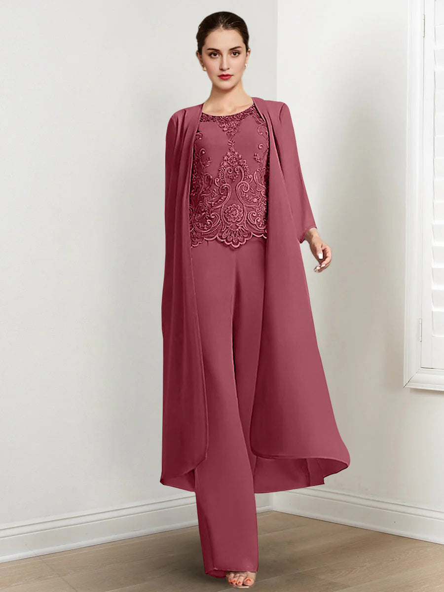 Chiffon Round Neck Floor Length Mother Of The Bride Pantsuits With Jacket Applique