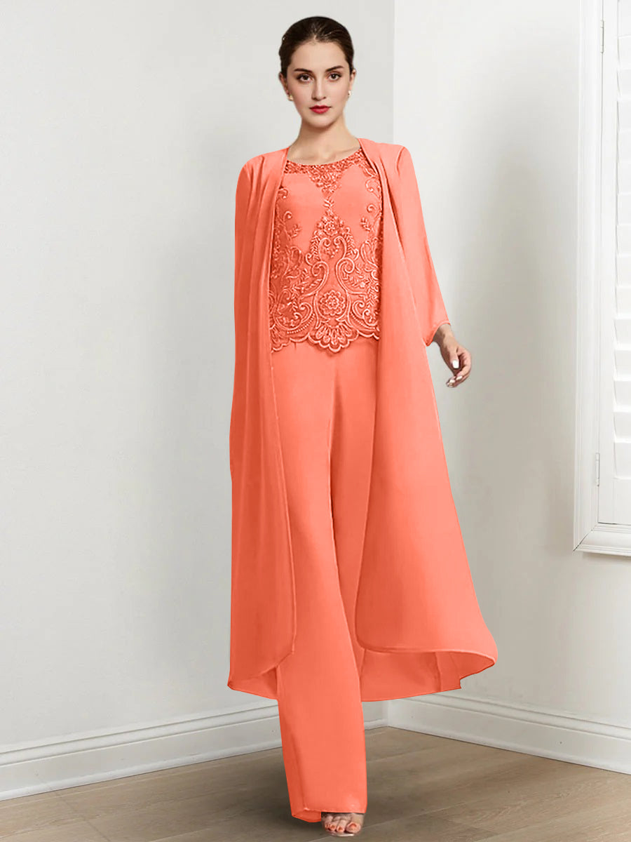 Chiffon Round Neck Floor Length Mother Of The Bride Pantsuits With Jacket Applique