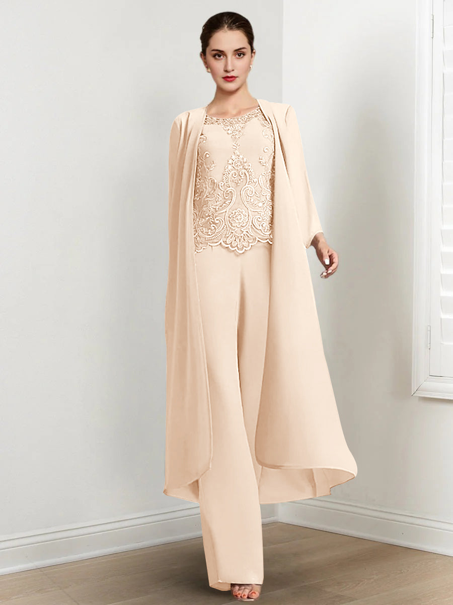 Chiffon Round Neck Floor Length Mother Of The Bride Pantsuits With Jacket Applique