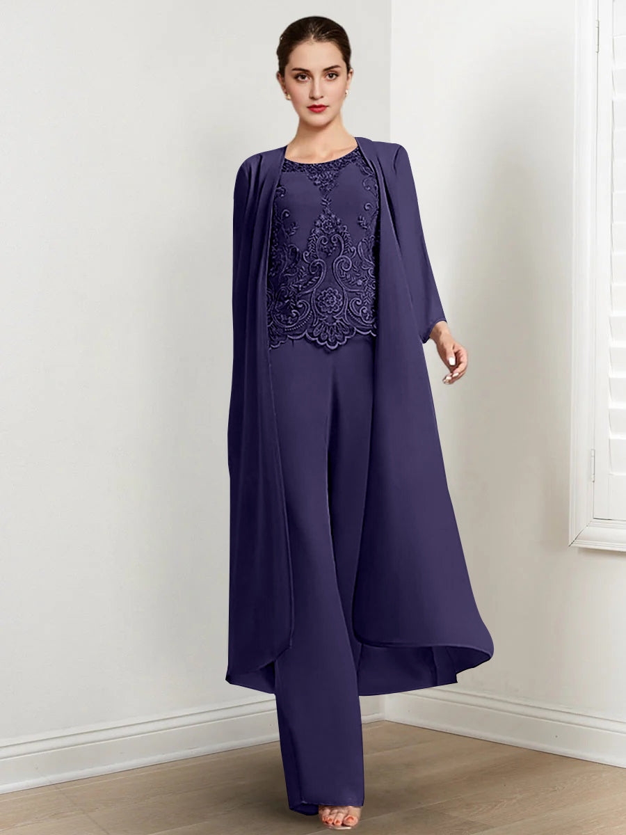Chiffon Round Neck Floor Length Mother Of The Bride Pantsuits With Jacket Applique