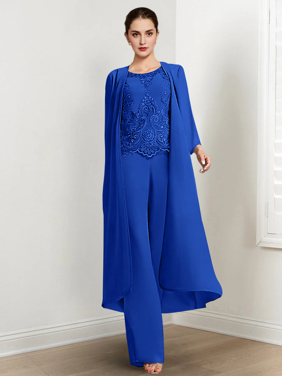 Chiffon Round Neck Floor Length Mother Of The Bride Pantsuits With Jacket Applique