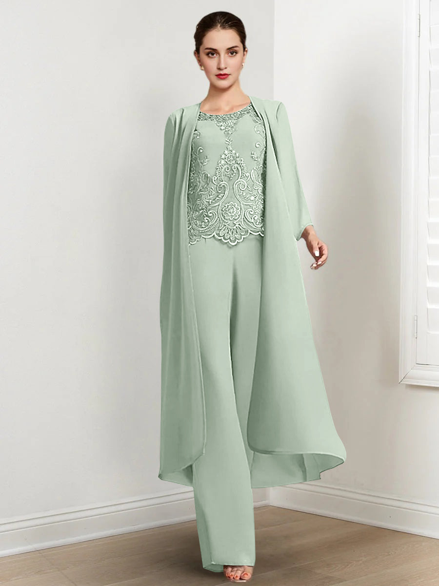 Chiffon Round Neck Floor Length Mother Of The Bride Pantsuits With Jacket Applique