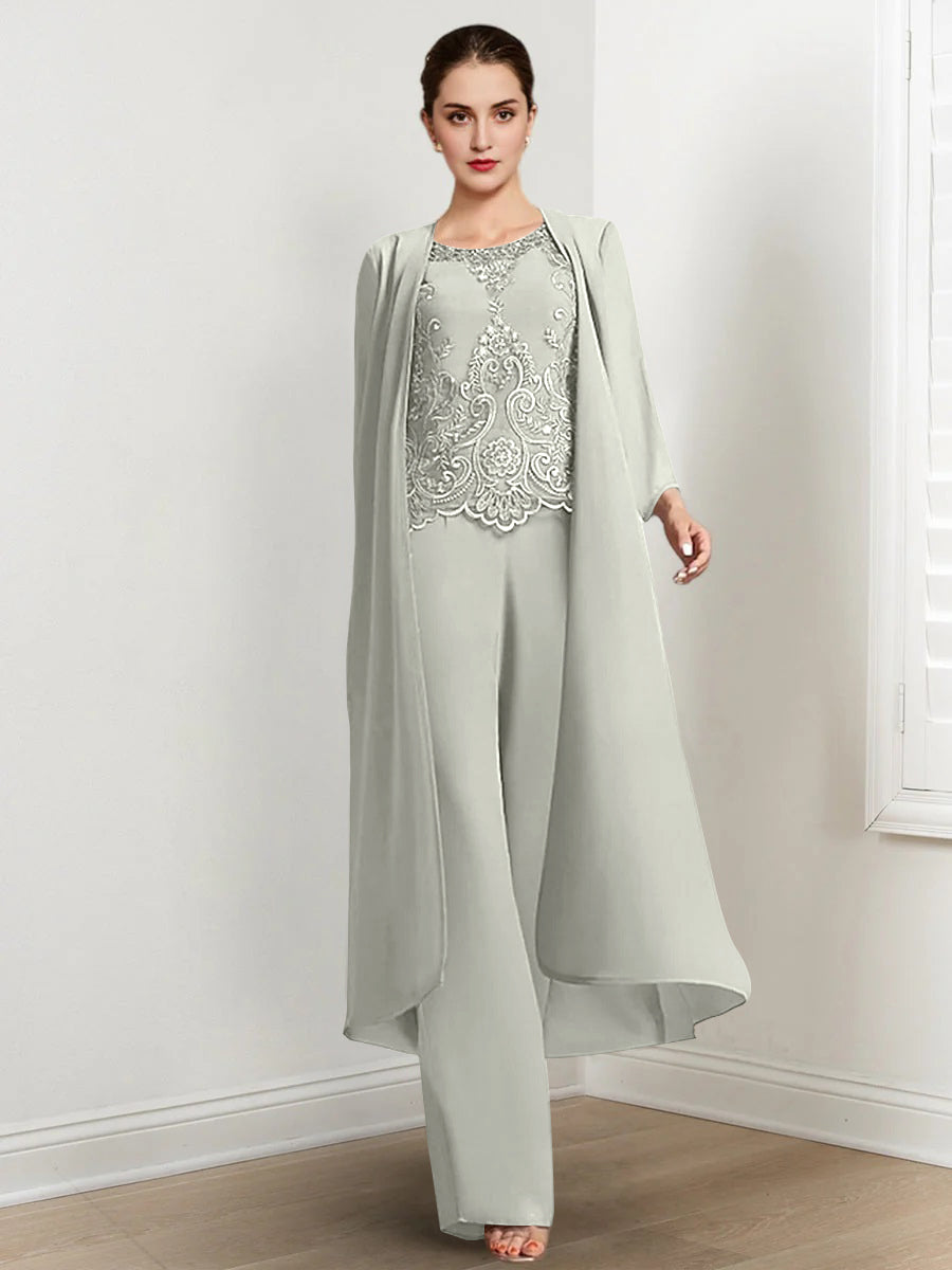 Chiffon Round Neck Floor Length Mother Of The Bride Pantsuits With Jacket Applique