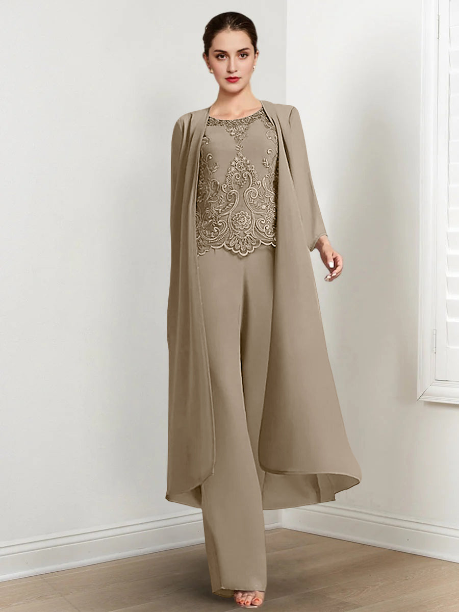 Chiffon Round Neck Floor Length Mother Of The Bride Pantsuits With Jacket Applique