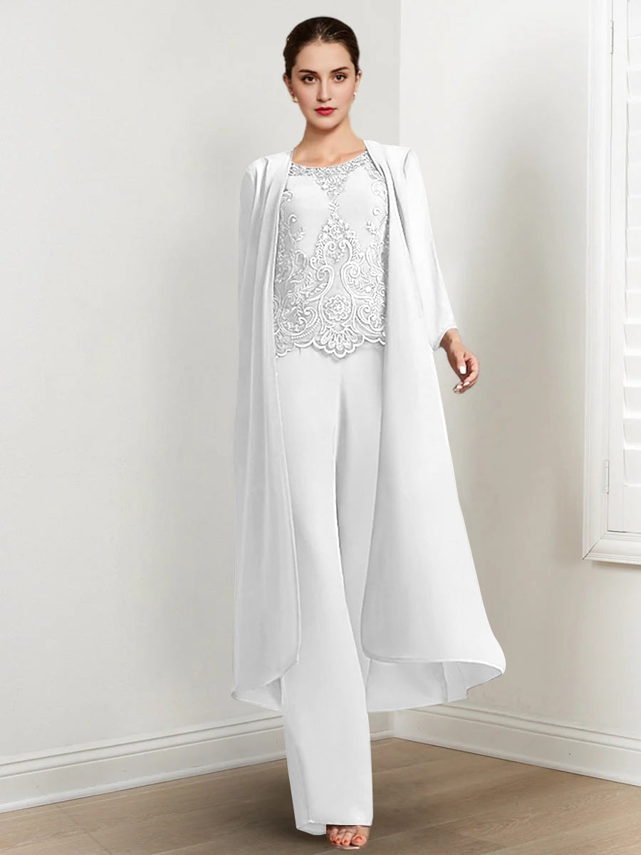 Chiffon Round Neck Floor Length Mother Of The Bride Pantsuits With Jacket Applique