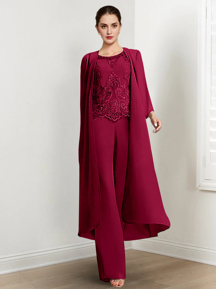 Chiffon Round Neck Floor Length Mother Of The Bride Pantsuits With Jacket Applique