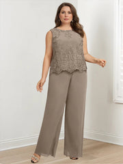 Chiffon Round Neck Floor Length Plus Size Mother Of The Bride Pantsuits With Jacket Applique
