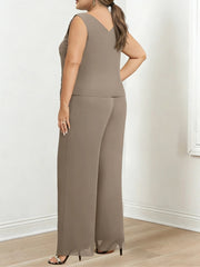 Chiffon Round Neck Floor Length Plus Size Mother Of The Bride Pantsuits With Jacket Applique