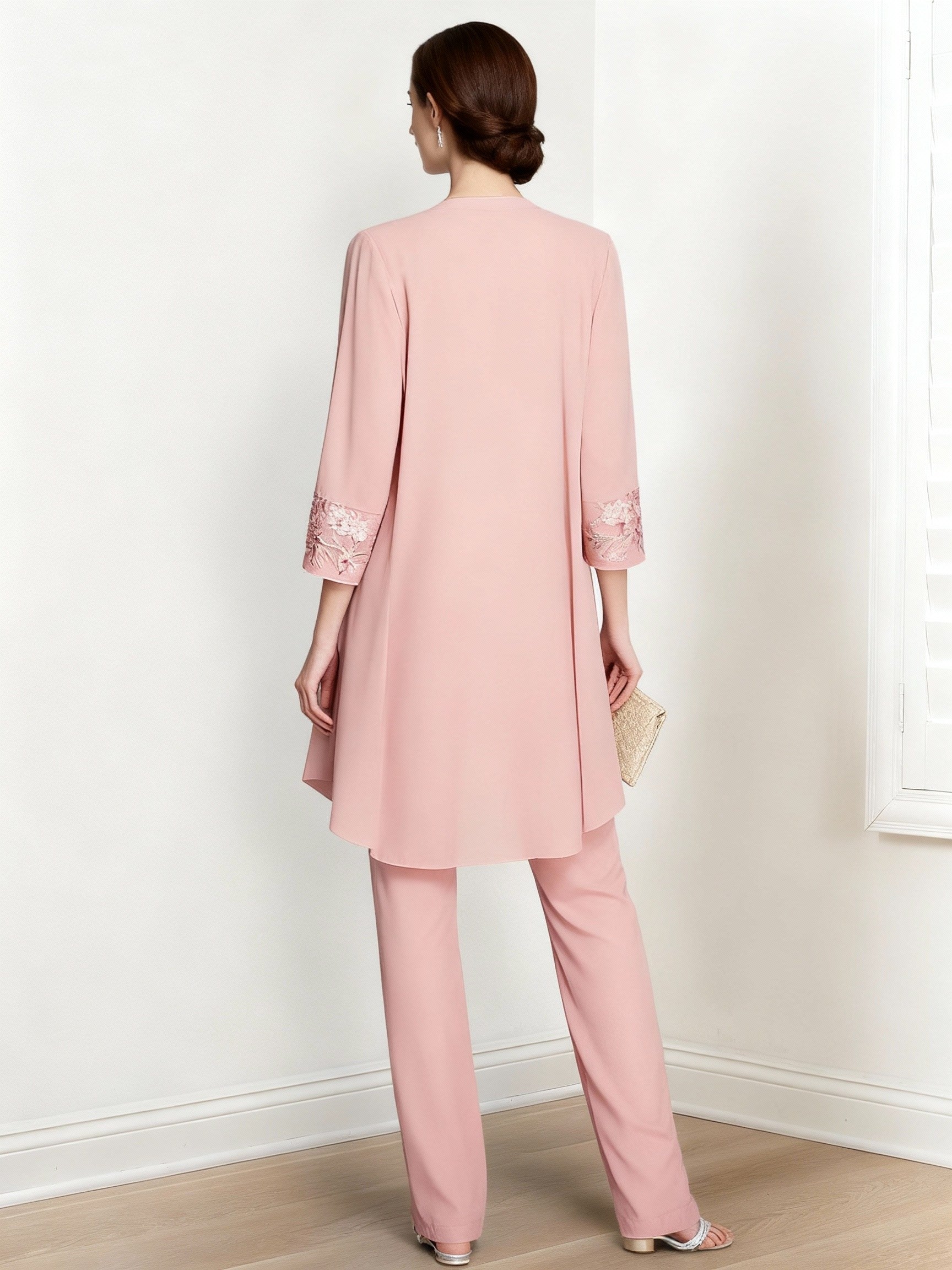 Chiffon Square Neck Long Sleeves Floor Length Mother Of The Bride Pantsuits With Jacket