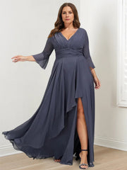 A Line Princess V Neck 3 4 Length Sleeves Asymmetrical Plus Size Mother Of The Bride Dresses With Ruffles