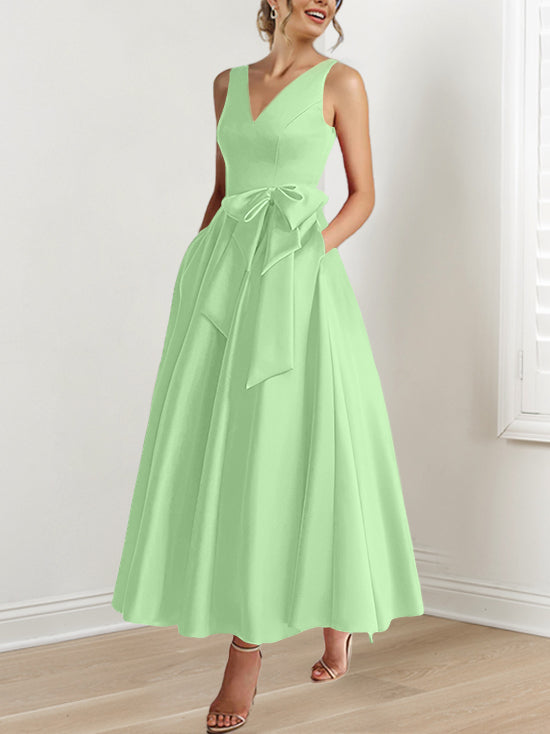 A Line Princess V Neck Sleeveless Ankle Length Mother Of The Bride Dresses With Pockets Ruffles