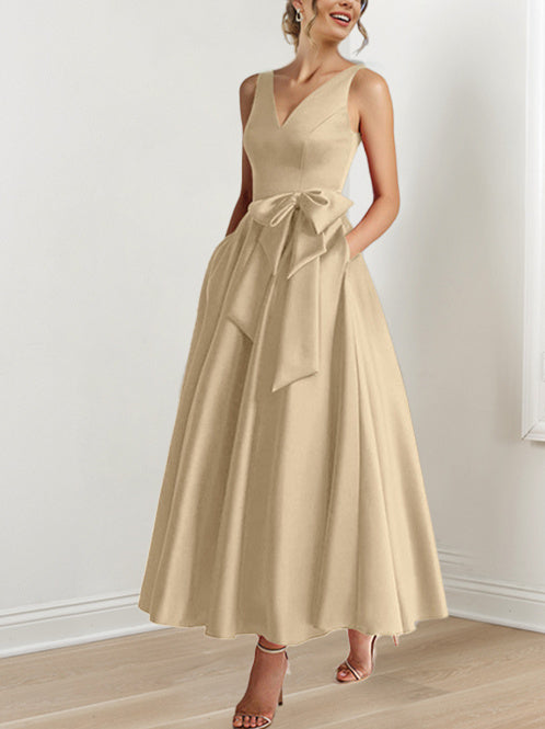 A Line Princess V Neck Sleeveless Ankle Length Mother Of The Bride Dresses With Pockets Ruffles
