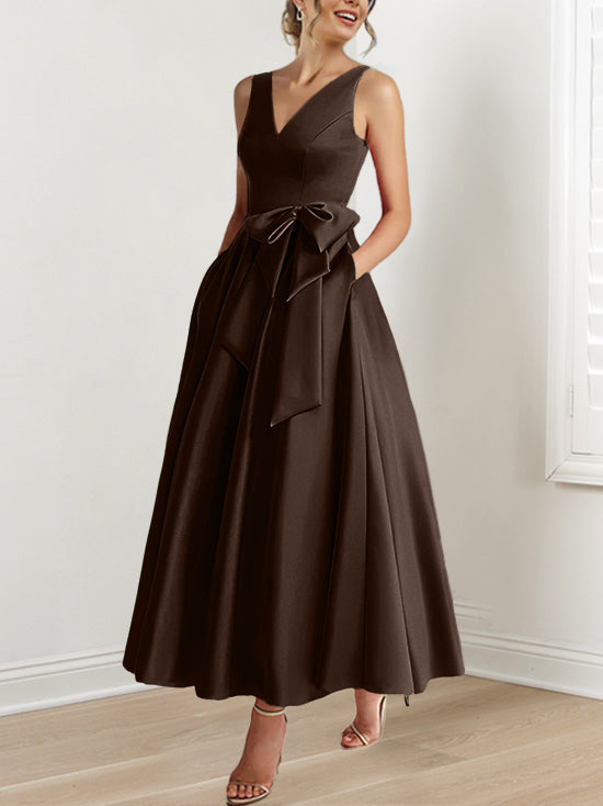 A Line Princess V Neck Sleeveless Ankle Length Mother Of The Bride Dresses With Pockets Ruffles