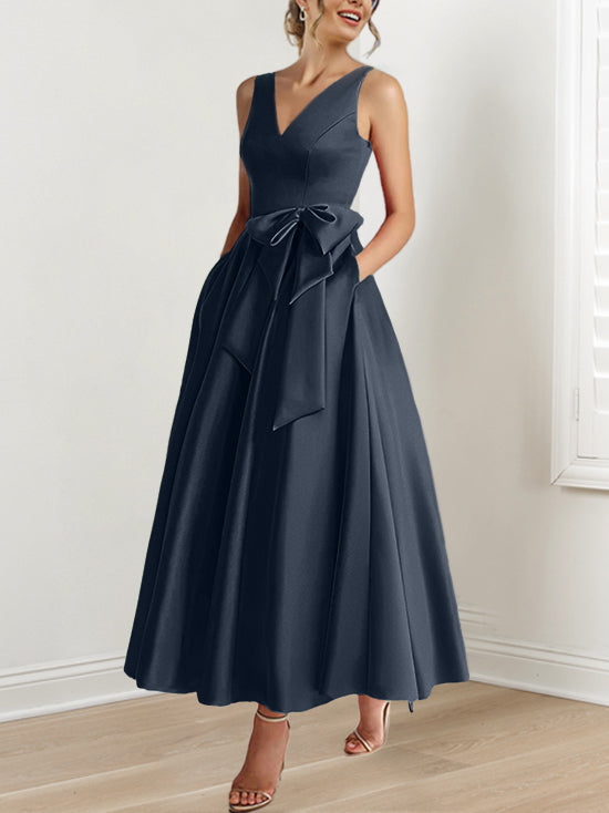 A Line Princess V Neck Sleeveless Ankle Length Mother Of The Bride Dresses With Pockets Ruffles