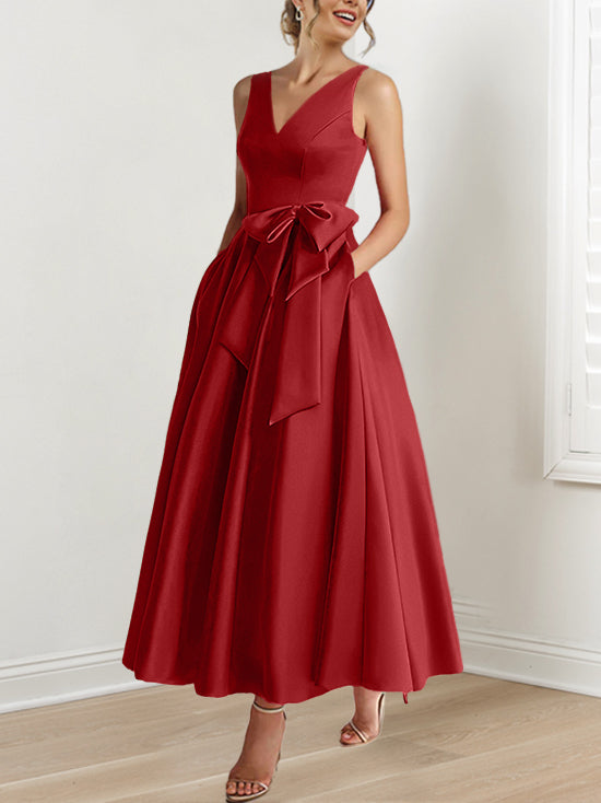 A Line Princess V Neck Sleeveless Ankle Length Mother Of The Bride Dresses With Pockets Ruffles
