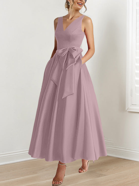 A Line Princess V Neck Sleeveless Ankle Length Mother Of The Bride Dresses With Pockets Ruffles
