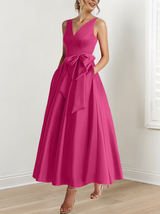 A Line Princess V Neck Sleeveless Ankle Length Mother Of The Bride Dresses With Pockets Ruffles