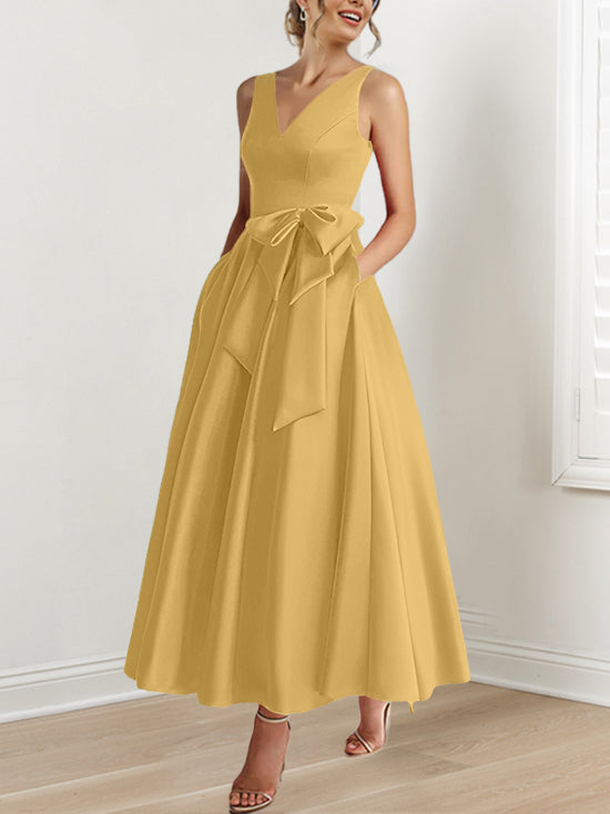 A Line Princess V Neck Sleeveless Ankle Length Mother Of The Bride Dresses With Pockets Ruffles