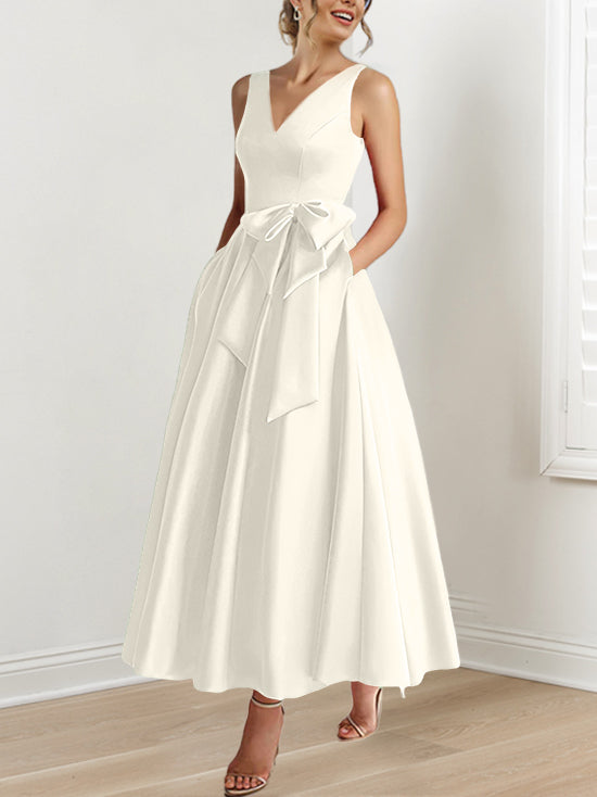 A Line Princess V Neck Sleeveless Ankle Length Mother Of The Bride Dresses With Pockets Ruffles