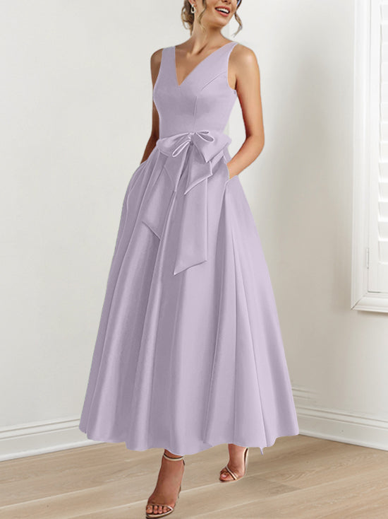 A Line Princess V Neck Sleeveless Ankle Length Mother Of The Bride Dresses With Pockets Ruffles