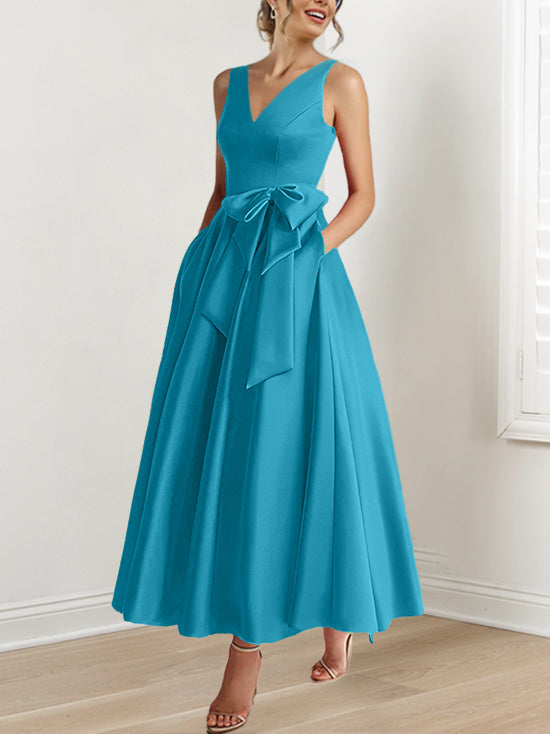 A Line Princess V Neck Sleeveless Ankle Length Mother Of The Bride Dresses With Pockets Ruffles