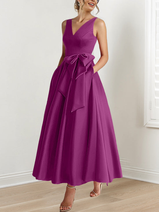 A Line Princess V Neck Sleeveless Ankle Length Mother Of The Bride Dresses With Pockets Ruffles