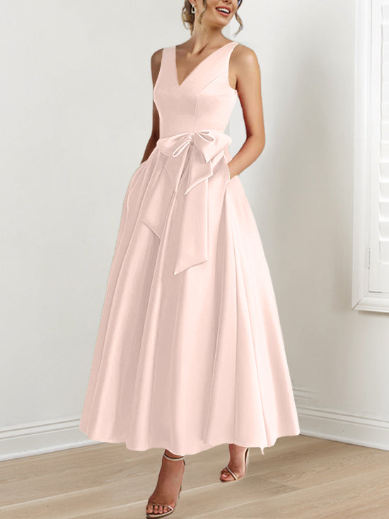 A Line Princess V Neck Sleeveless Ankle Length Mother Of The Bride Dresses With Pockets Ruffles