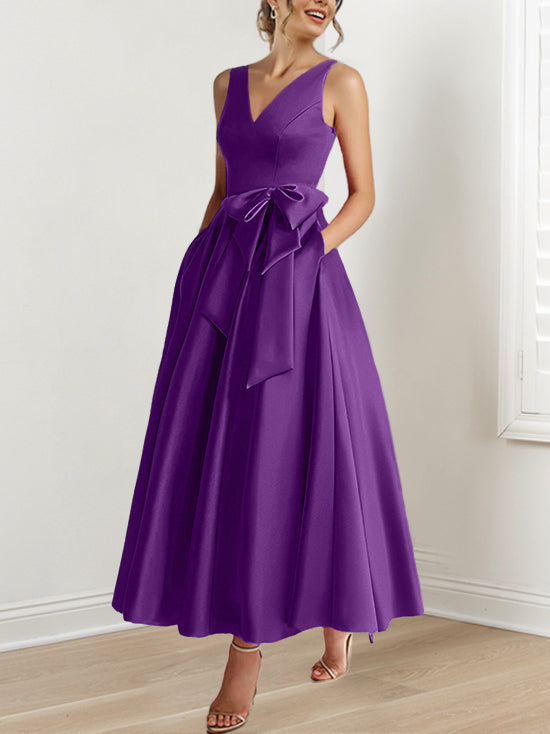 A Line Princess V Neck Sleeveless Ankle Length Mother Of The Bride Dresses With Pockets Ruffles