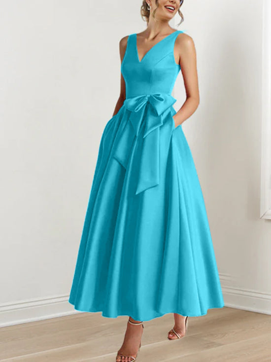 A Line Princess V Neck Sleeveless Ankle Length Mother Of The Bride Dresses With Pockets Ruffles