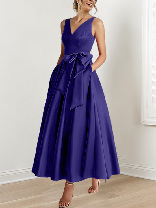 A Line Princess V Neck Sleeveless Ankle Length Mother Of The Bride Dresses With Pockets Ruffles