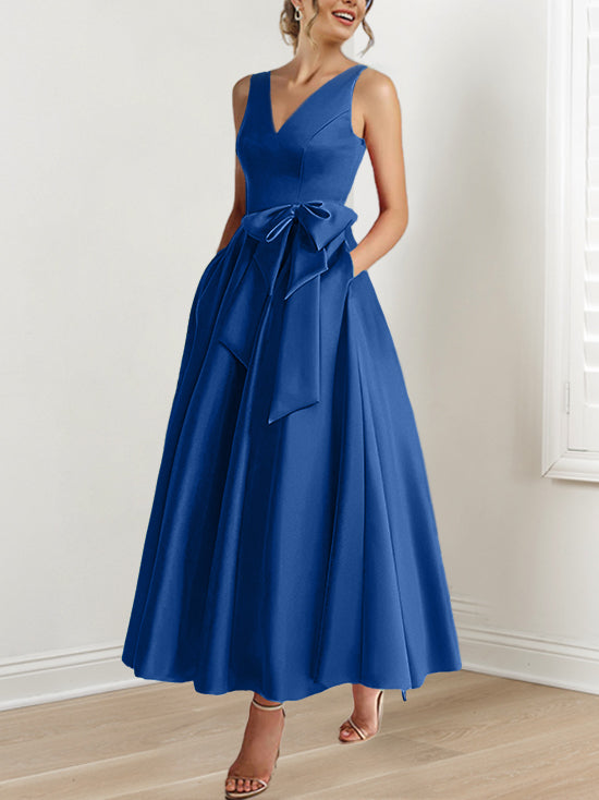 A Line Princess V Neck Sleeveless Ankle Length Mother Of The Bride Dresses With Pockets Ruffles