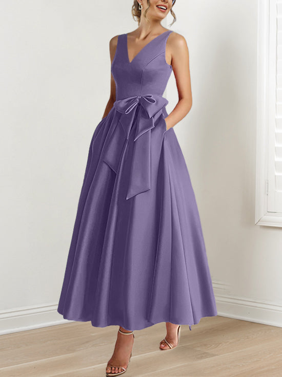 A Line Princess V Neck Sleeveless Ankle Length Mother Of The Bride Dresses With Pockets Ruffles