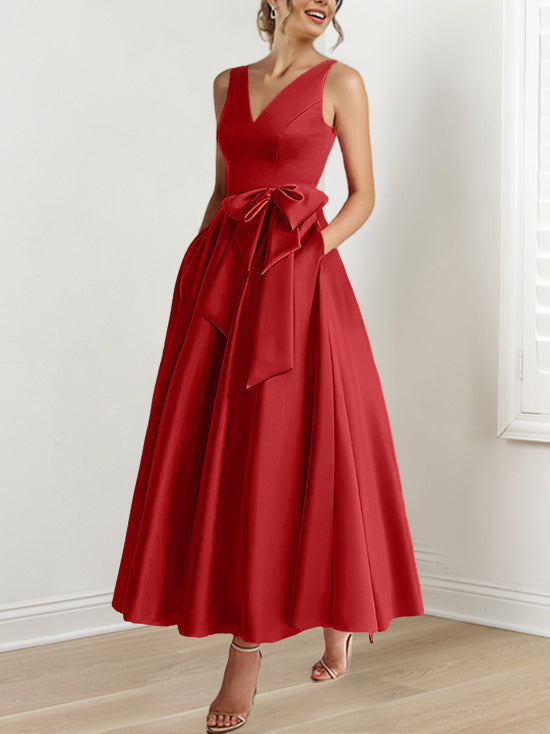 A Line Princess V Neck Sleeveless Ankle Length Mother Of The Bride Dresses With Pockets Ruffles