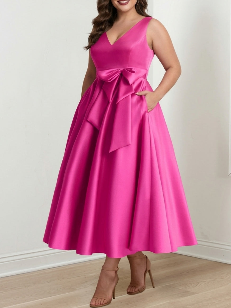 A Line Princess V Neck Sleeveless Ankle Length Plus Size Mother Of The Bride Dresses With Pockets Ruffles
