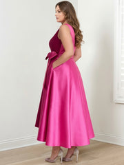 A Line Princess V Neck Sleeveless Ankle Length Plus Size Mother Of The Bride Dresses With Pockets Ruffles