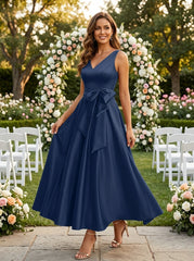 A Line Princess V Neck Sleeveless Ankle Length Mother Of The Bride Dresses With Pockets Ruffles