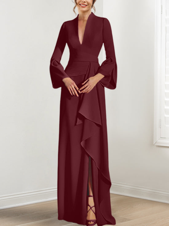 Sheath Column V Neck Long Sleeves Floor Length Mother Of The Bride Dresses With Split Side