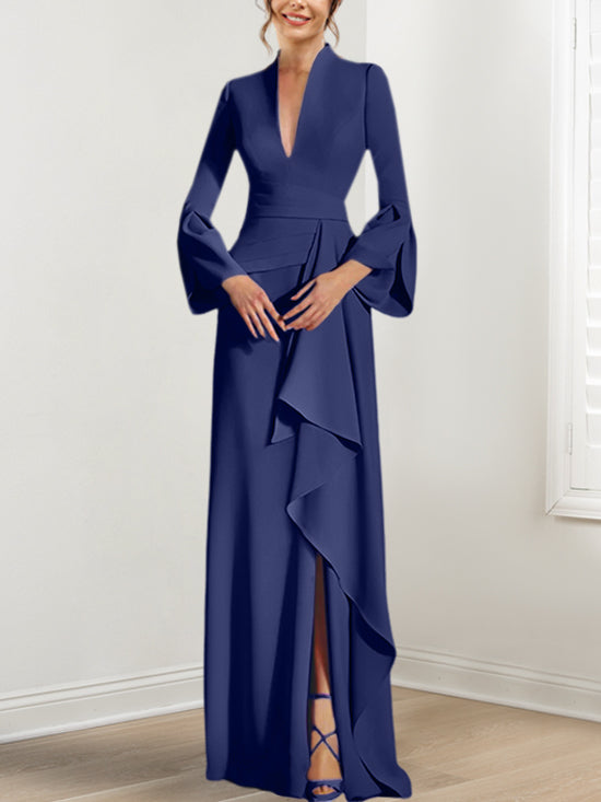 Sheath Column V Neck Long Sleeves Floor Length Mother Of The Bride Dresses With Split Side