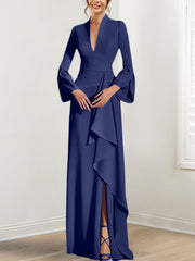 Sheath Column V Neck Long Sleeves Floor Length Mother Of The Bride Dresses With Split Side