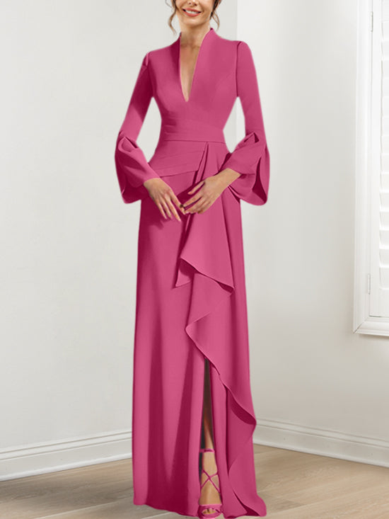 Sheath Column V Neck Long Sleeves Floor Length Mother Of The Bride Dresses With Split Side