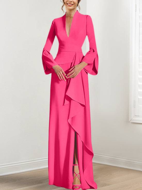 Sheath Column V Neck Long Sleeves Floor Length Mother Of The Bride Dresses With Split Side
