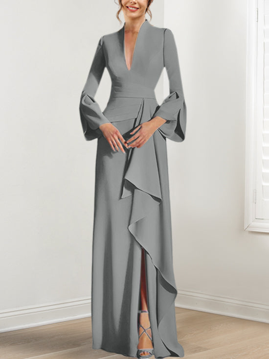 Sheath Column V Neck Long Sleeves Floor Length Mother Of The Bride Dresses With Split Side
