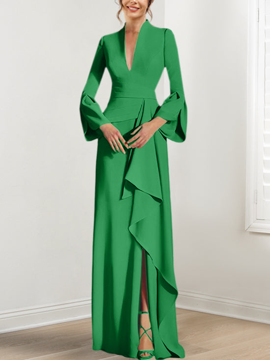 Sheath Column V Neck Long Sleeves Floor Length Mother Of The Bride Dresses With Split Side