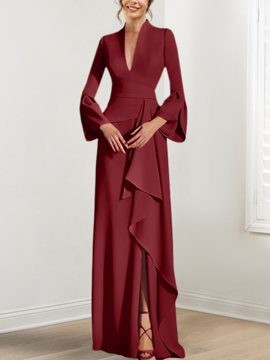 Sheath Column V Neck Long Sleeves Floor Length Mother Of The Bride Dresses With Split Side