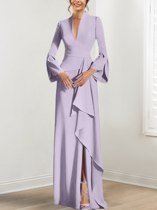 Sheath Column V Neck Long Sleeves Floor Length Mother Of The Bride Dresses With Split Side