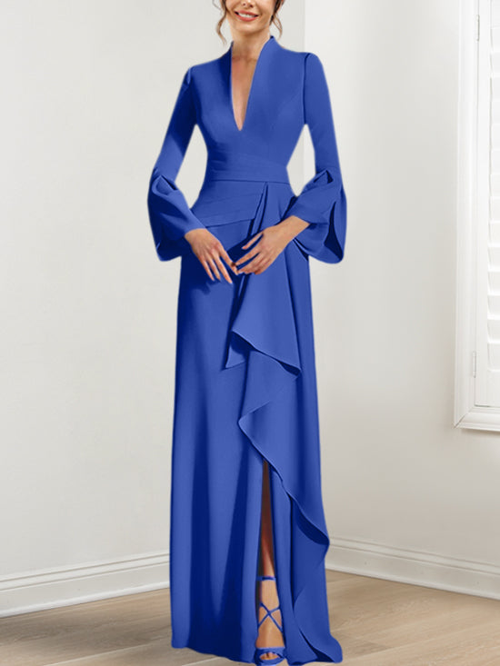Sheath Column V Neck Long Sleeves Floor Length Mother Of The Bride Dresses With Split Side
