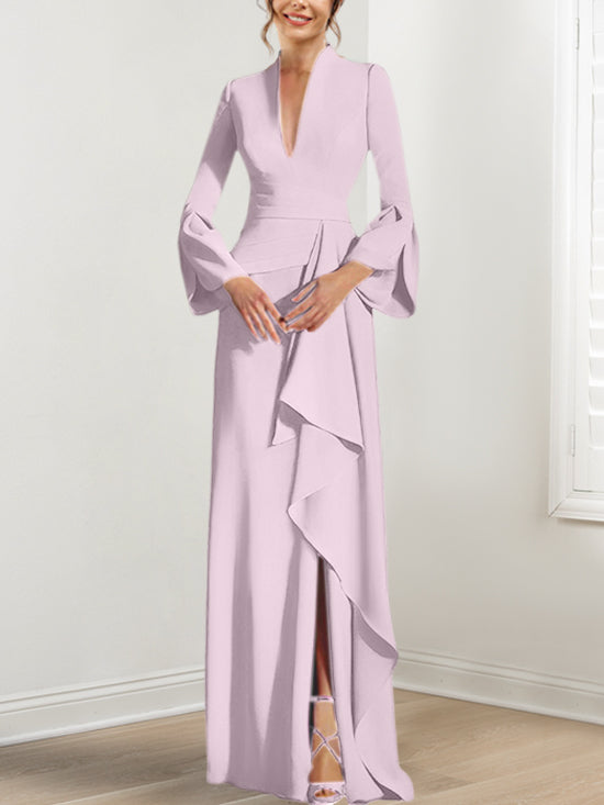 Sheath Column V Neck Long Sleeves Floor Length Mother Of The Bride Dresses With Split Side