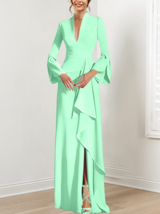 Sheath Column V Neck Long Sleeves Floor Length Mother Of The Bride Dresses With Split Side