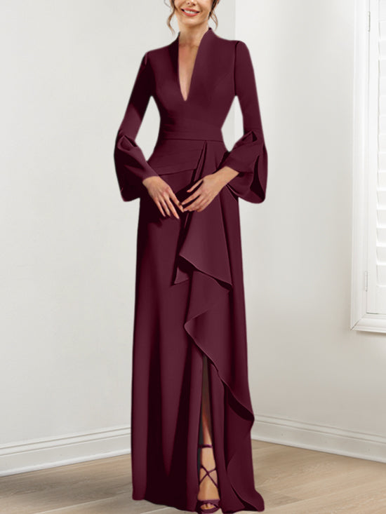 Sheath Column V Neck Long Sleeves Floor Length Mother Of The Bride Dresses With Split Side